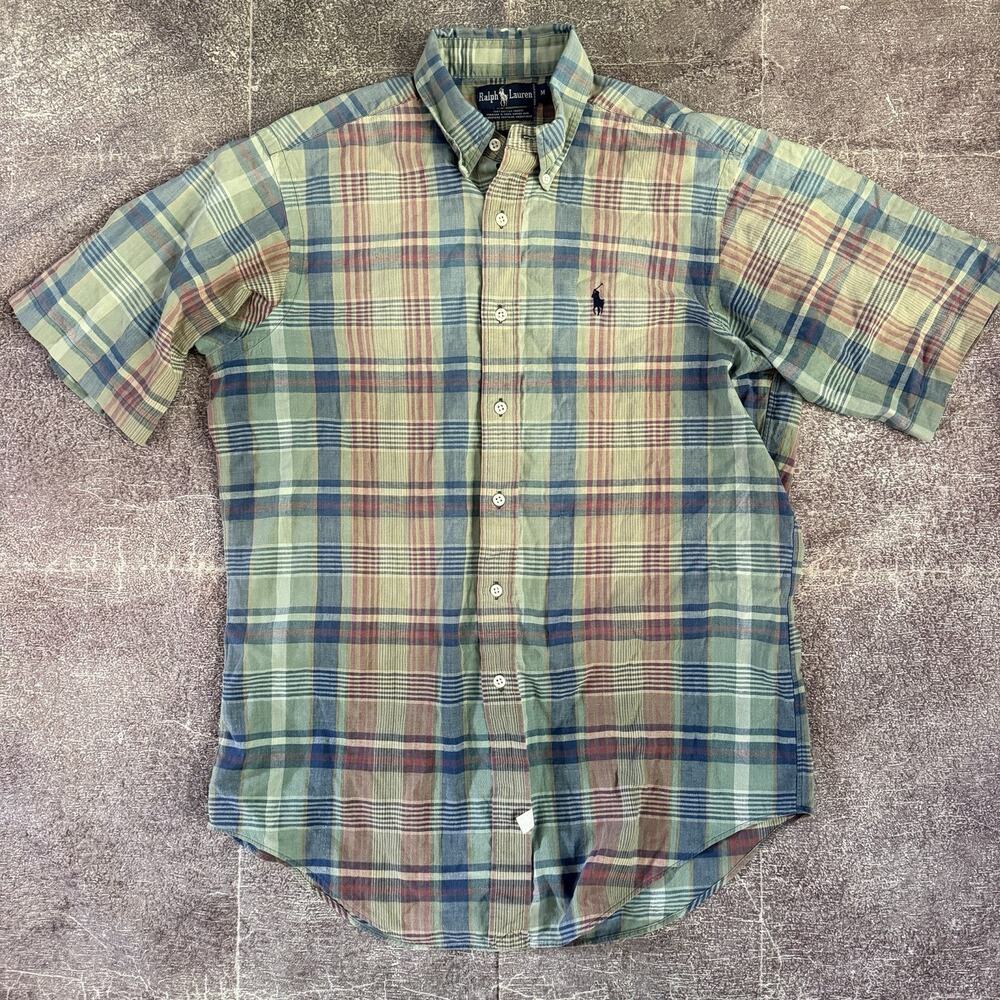 Mens Vintage 90s Ralph Lauren Green Blue Plaid Button Up Short Sleeve Shirt Sz M